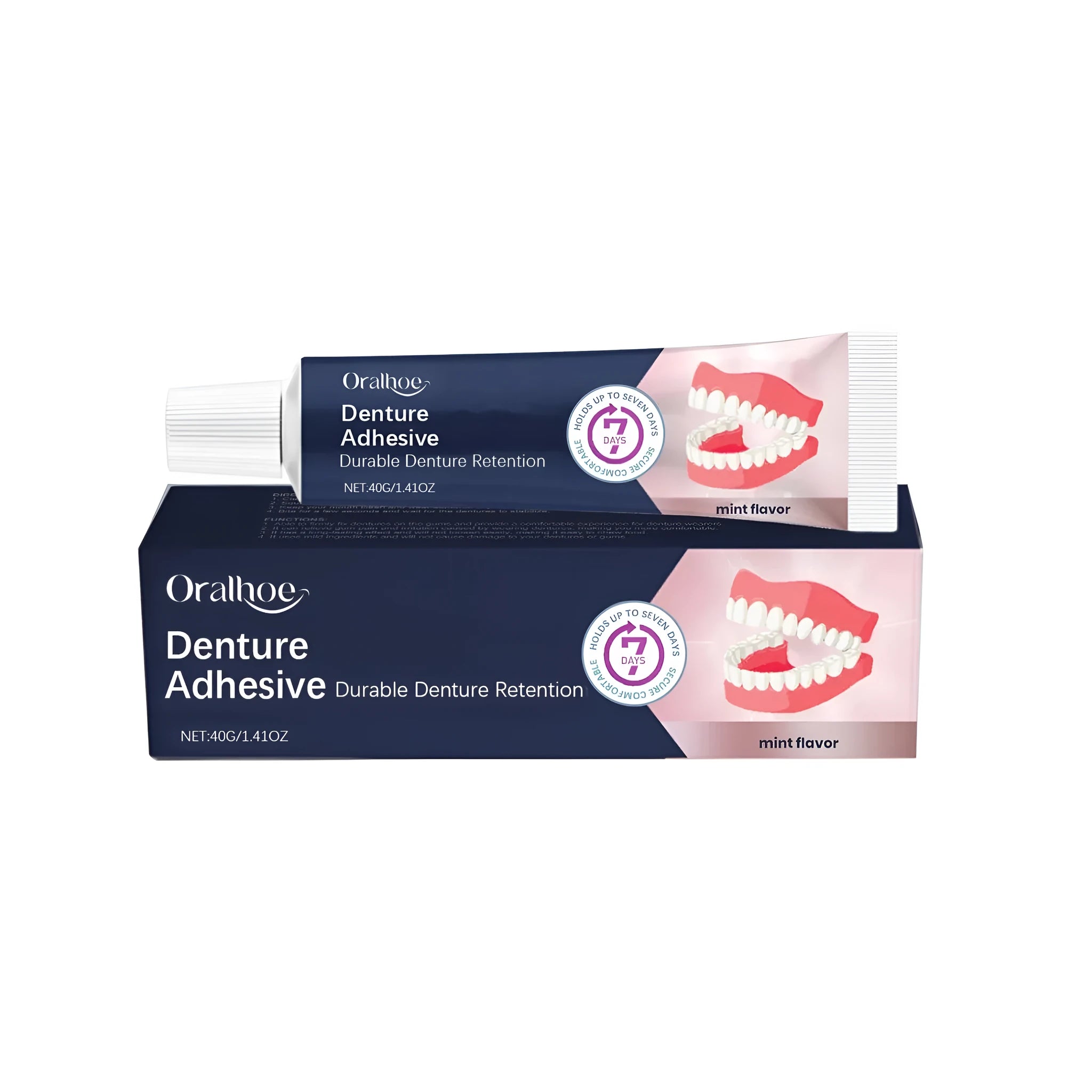 40g tube of menthol flavoured denture adhesive cream with petrolatum and cellulose formula