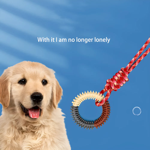 Blue braided rope dog chew toy with central knot measuring 43cm long