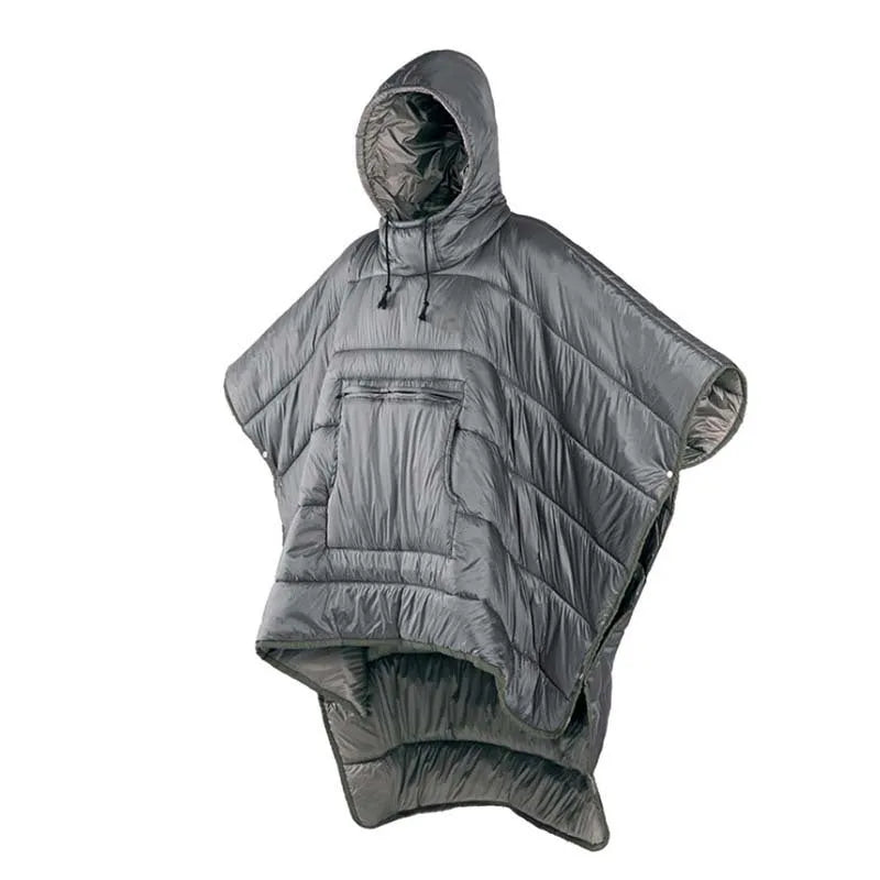 Army green outdoor cloak sleeping bag laid flat showing its 200x140cm size and wearable hood design.