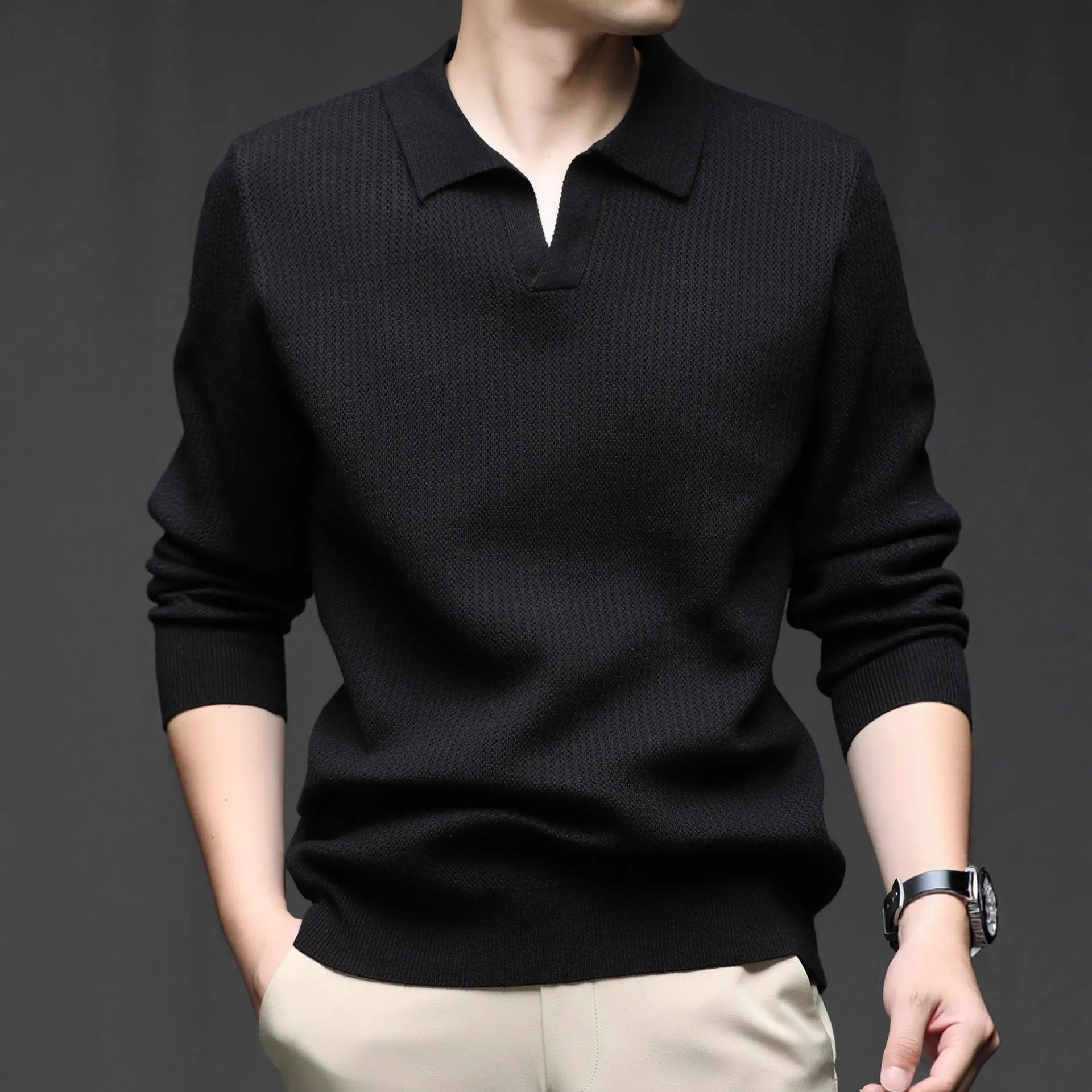 Men's loose fit pullover sweater in green colour shown on model for autumn casual wear
