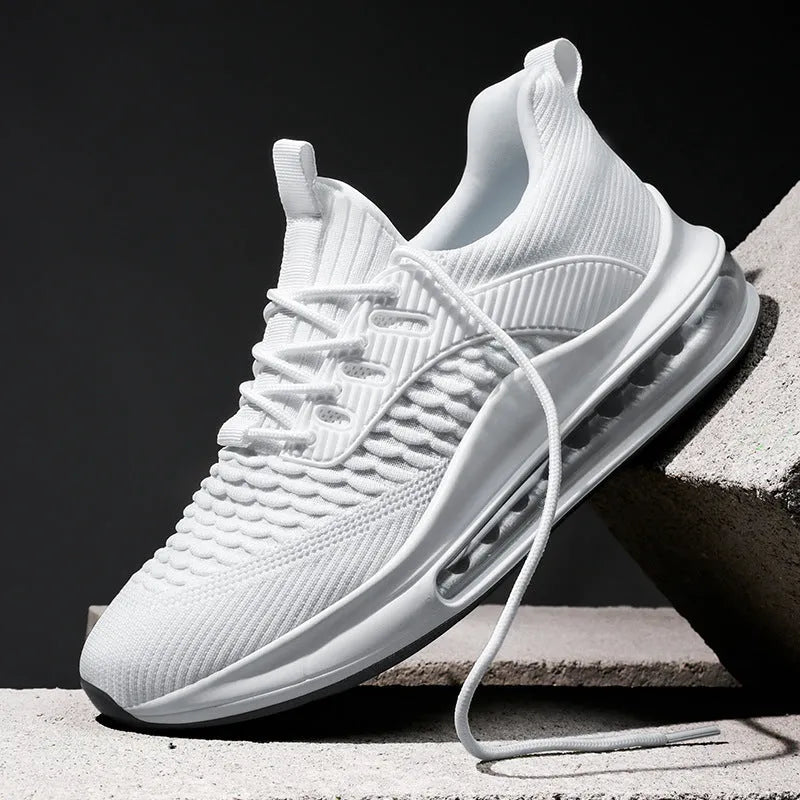 Men's black low-top mesh running sneakers with lace-up front and platform sole