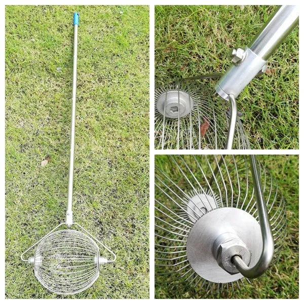 Stainless steel golf ball picker tool with a metallic finish.
