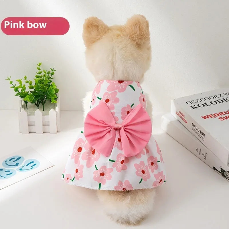 Orange bow floral butterfly knot ultra-thin polyester dress on a small dog.