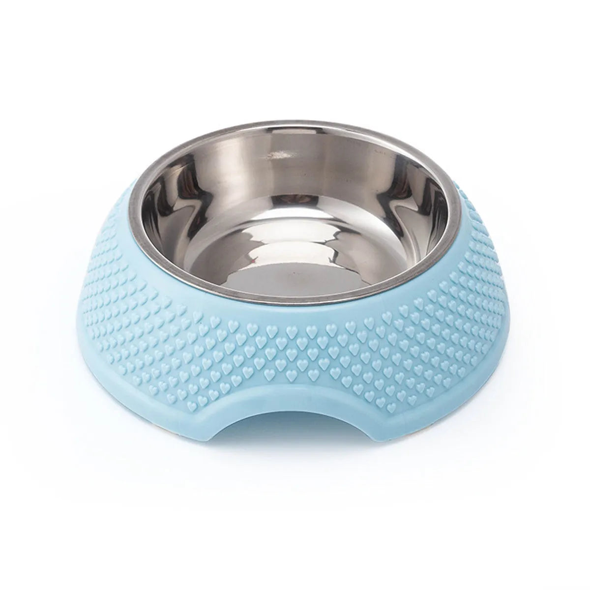 Stainless steel pet bowl with weighted non-slip base in blue, green, or pink colours