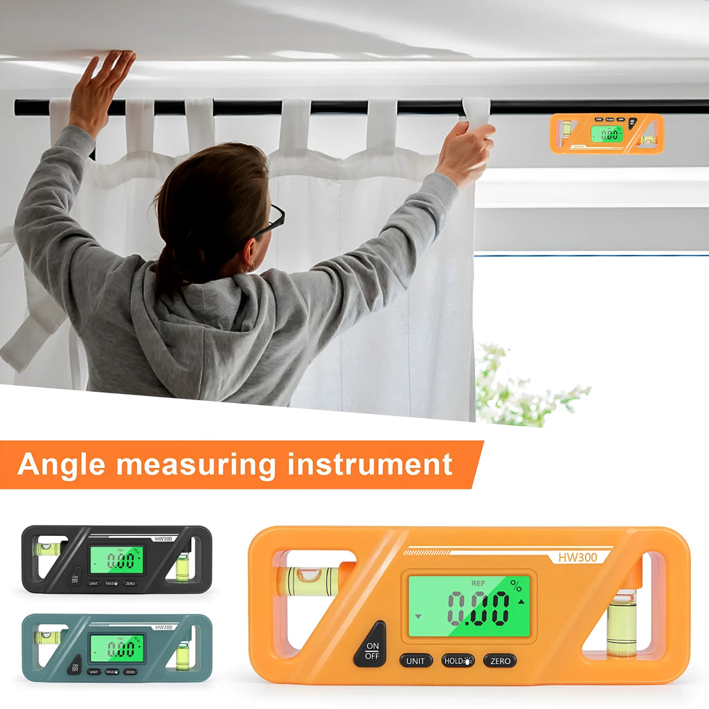 HW300 digital magnetic inclinometer angle gauge showing display and compact 115mm size