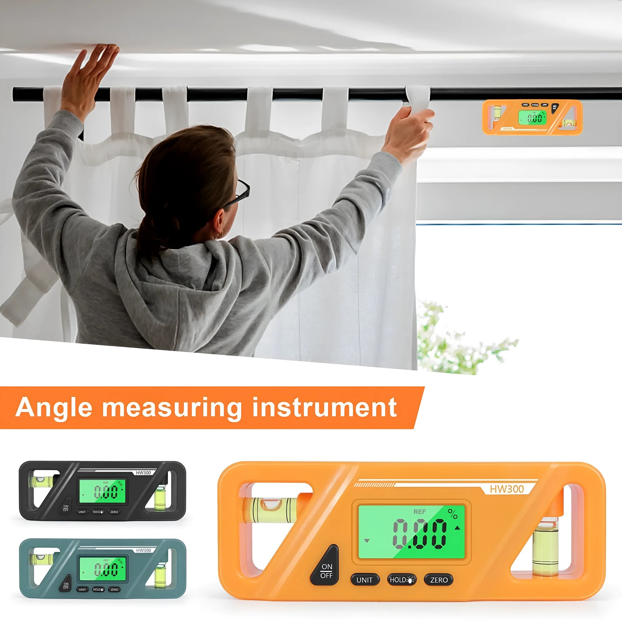 HW300 digital magnetic inclinometer angle gauge showing display and compact 115mm size