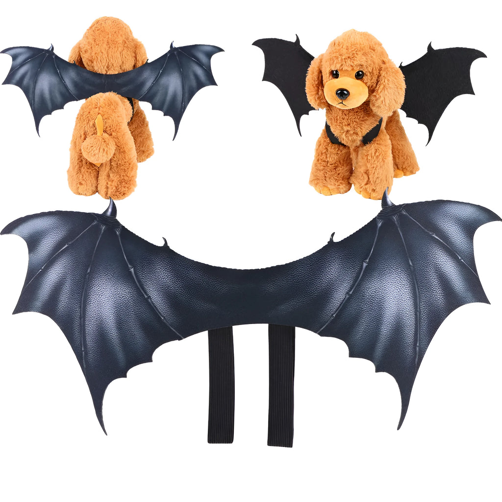 Black cloth bat wings Halloween costume accessory for pets in three sizes: 40cm, 55cm, and 64cm wing spans