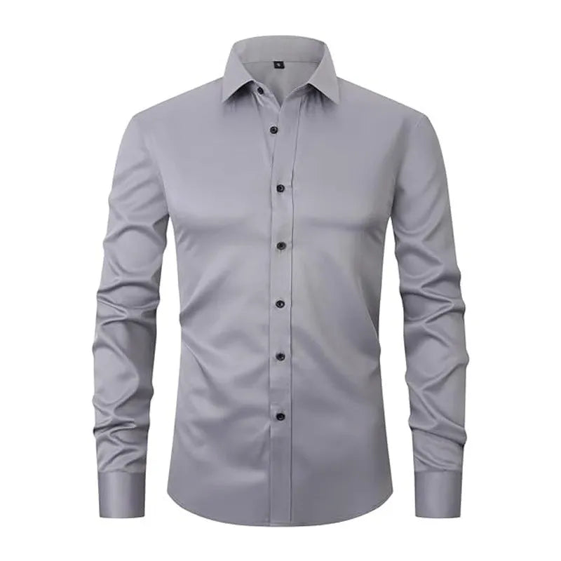 Man wearing a stretch long sleeve polyester work shirt in a neutral colour.