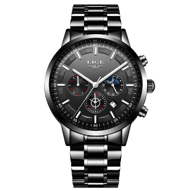 Men's black and rose red gold waterproof sports watch with quartz movement on wrist.