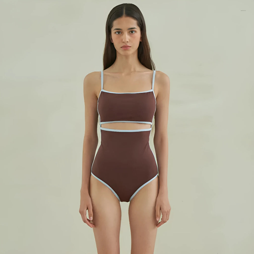 Brown nylon one-piece triangle swimsuit for women laid flat.