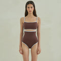 Brown nylon one-piece triangle swimsuit for women laid flat.