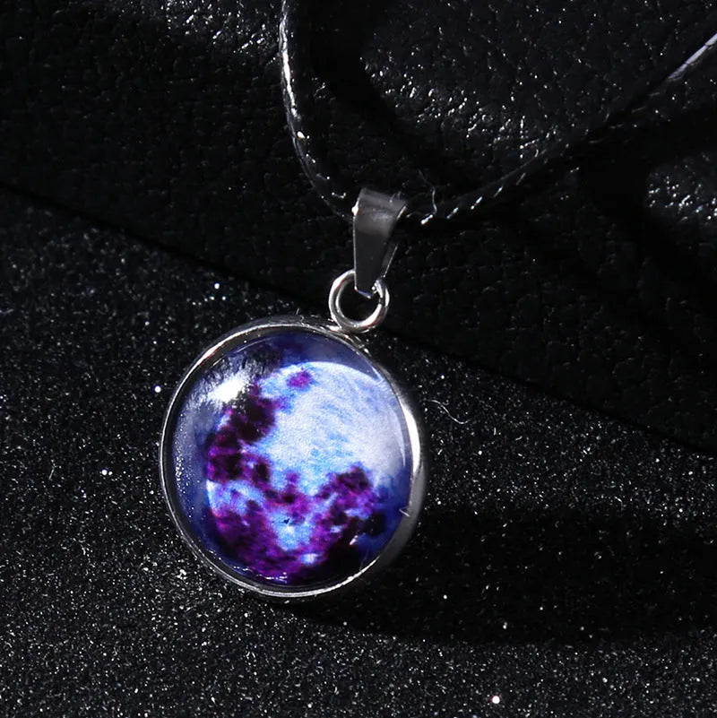 Luminous alloy unisex necklace with organic glass constellation pendant on adjustable glass chain.