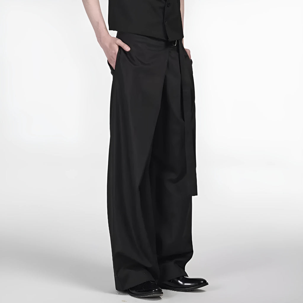 Black loose fit straight-leg trousers with adjustable waistband and single pleat detail