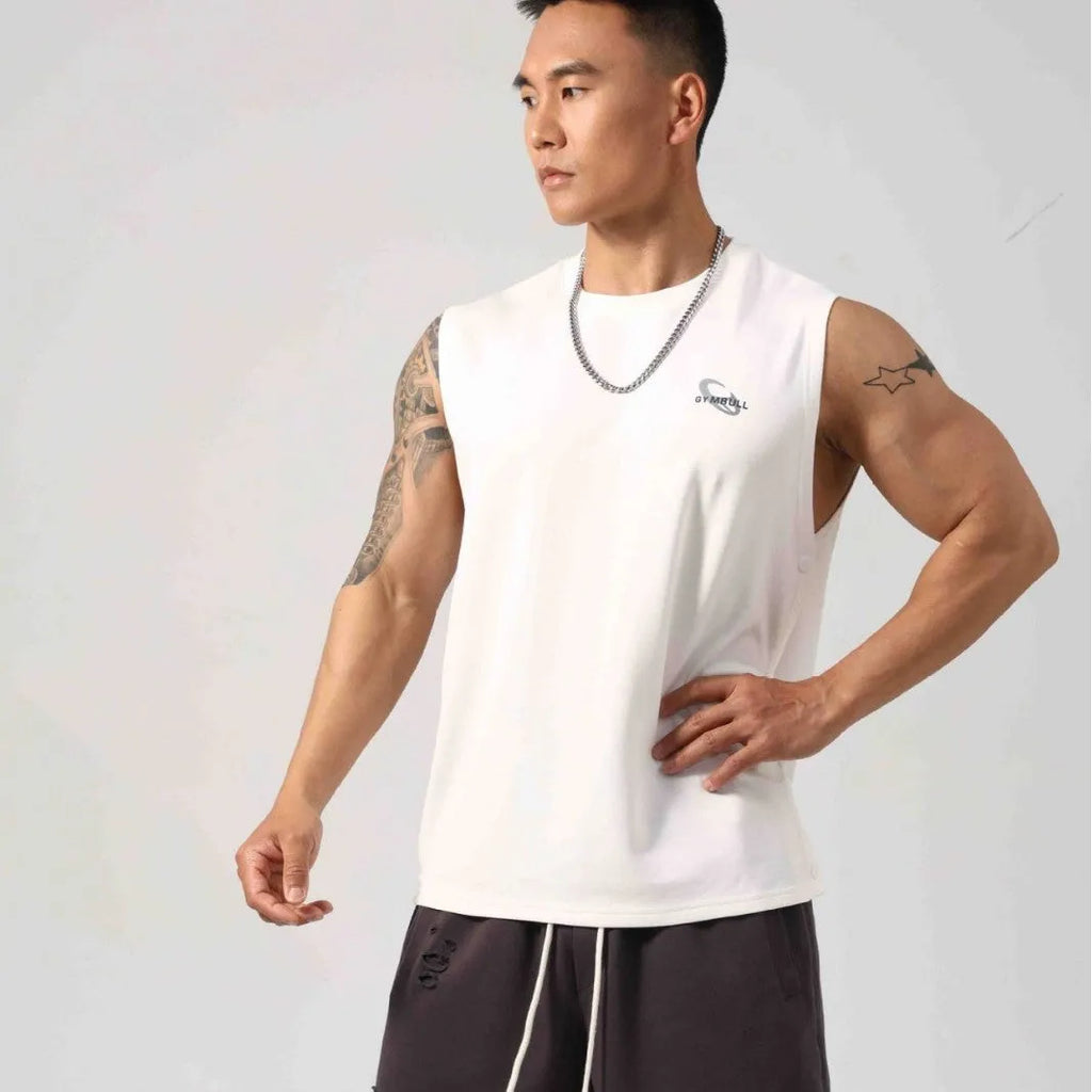 Korean style men's loose cotton fitness vest with hidden hook side openings for adjustable fit during workouts