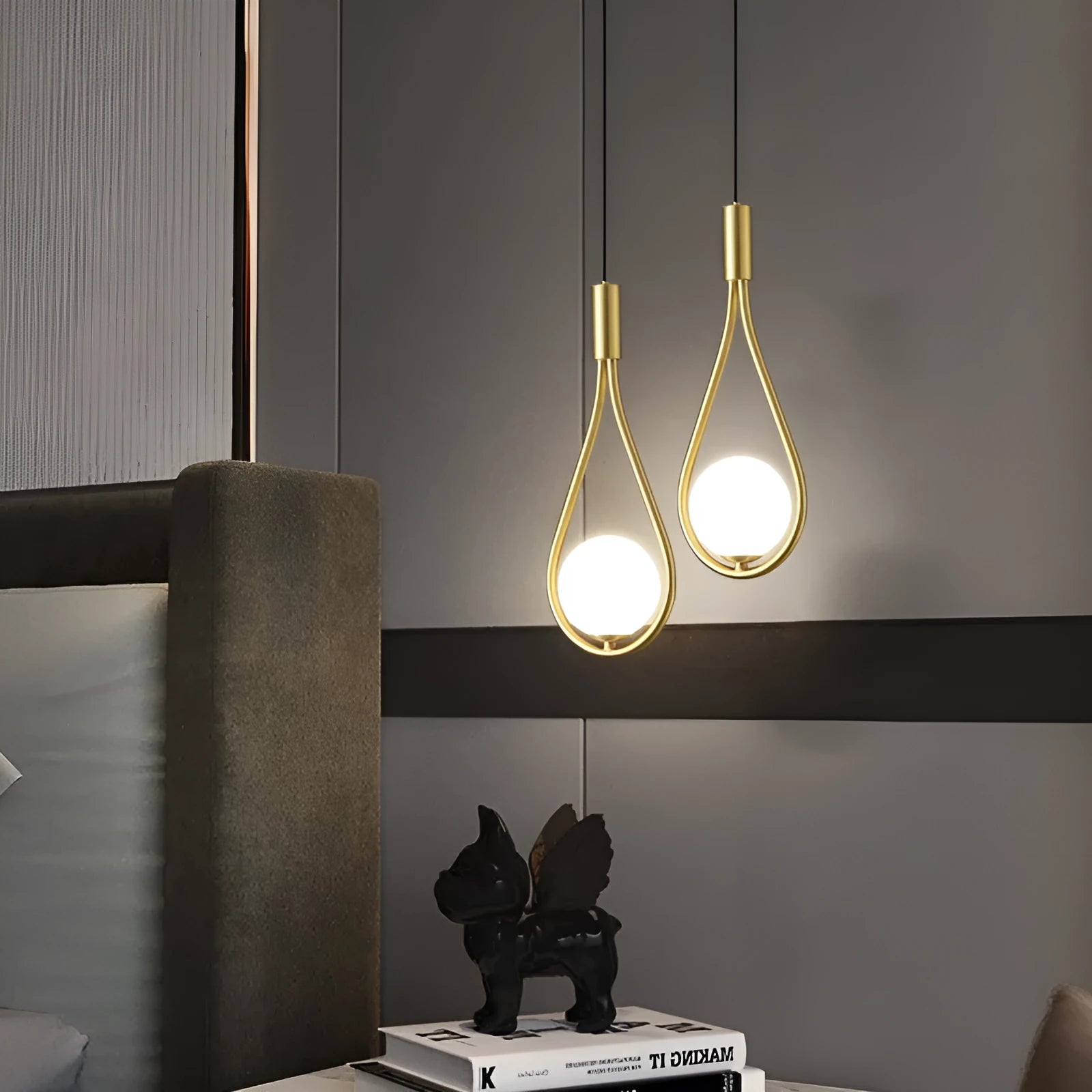 Modern copper bedside chandelier with honeycomb glass cover for bedroom ambient lighting