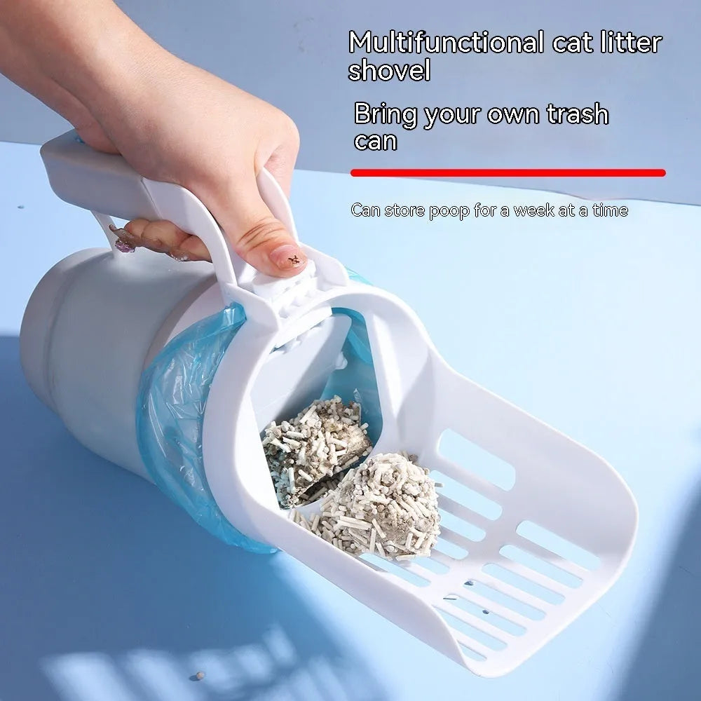 Grey cat litter scoop with attached waste collection bin showing foldable bottom design