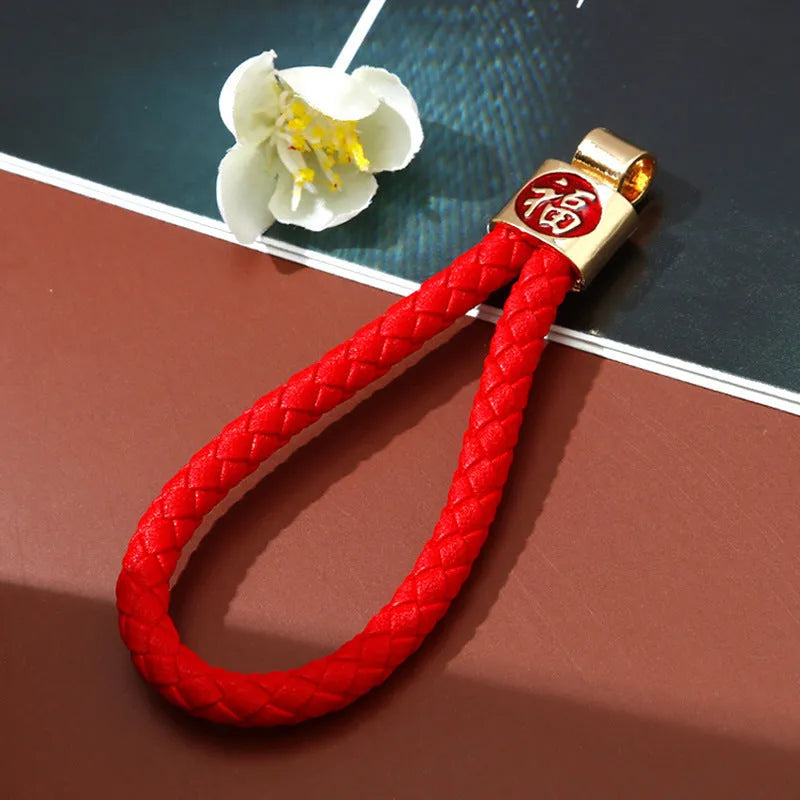 Chinese style alloy diamond-embedded fortune car key ring in red with lucky rope design