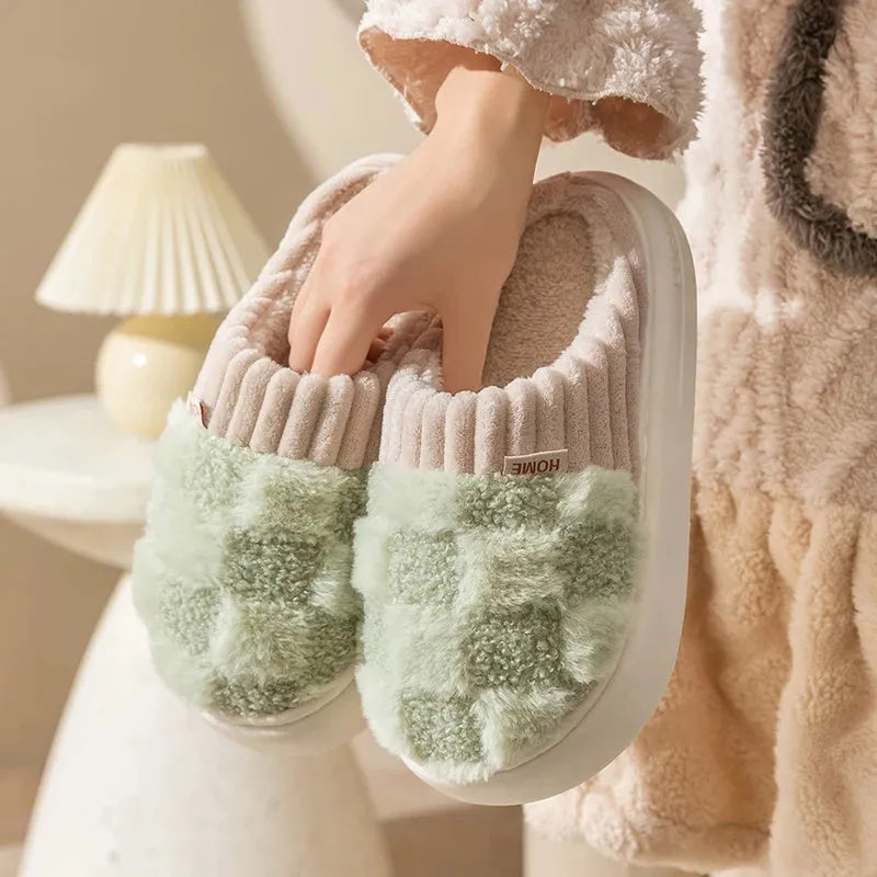Women's plaid plush indoor slippers with coral velvet upper and non-slip PVC sole in multiple colours