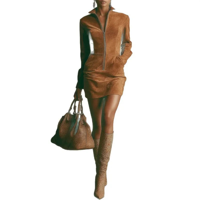 Deerskin velvet French long-sleeve zipper dress short skirt in dark brown, high waist hip-wrapped street hipster style