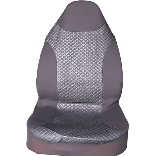 Black quilted automotive seat cover made from PU and polyester fabric, shown with plastic attachment hooks.