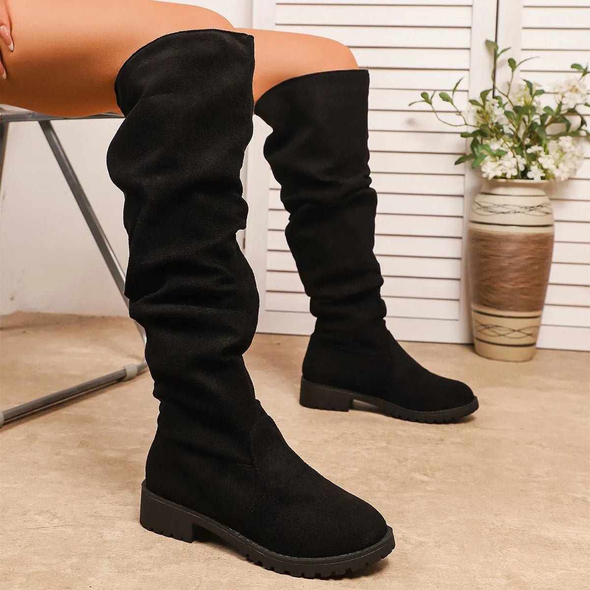 Fleece-lined over-the-knee winter boots for women, low chunky heel, suede upper in beige