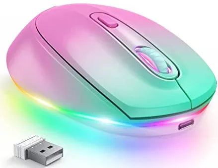 24g rechargeable wireless mouse in various colours showing ergonomic shape and USB cable