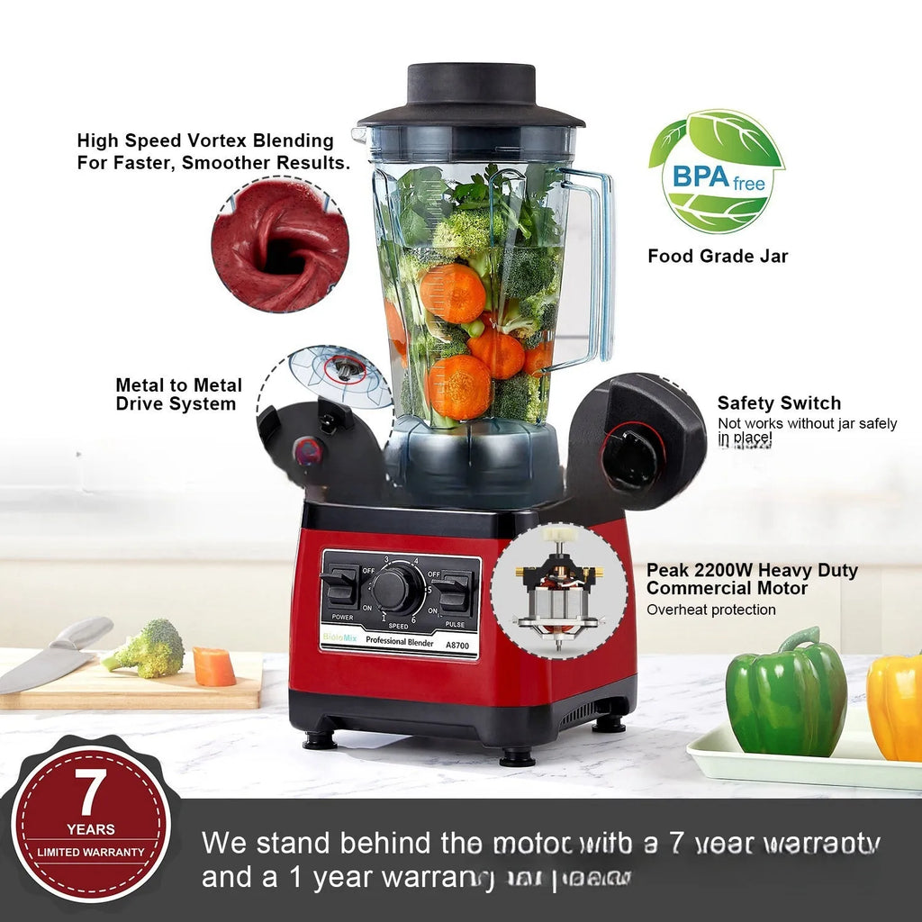 Red industrial-style commercial blender model A8700 with 2-litre jug and 2200W motor.