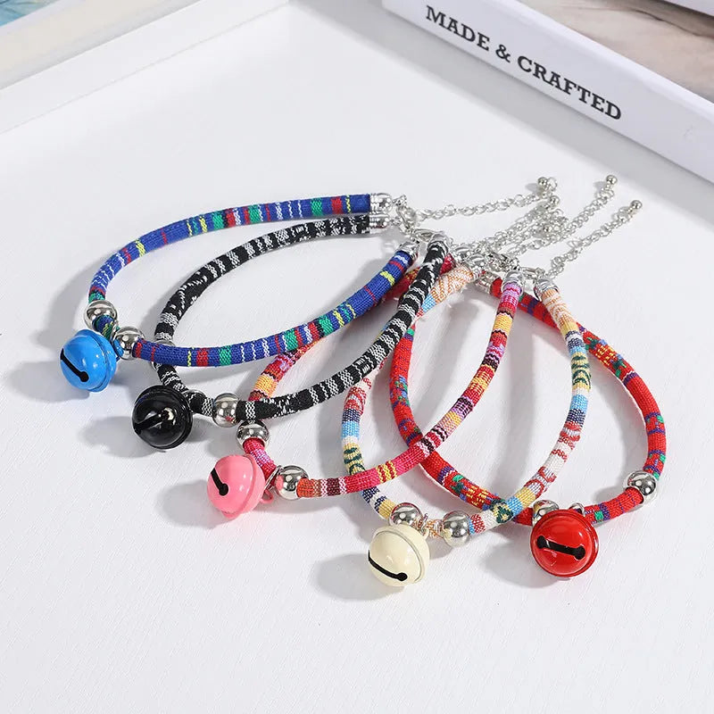 Coloured ethnic pattern adjustable pet collar with a bell for dogs and cats in multiple colours