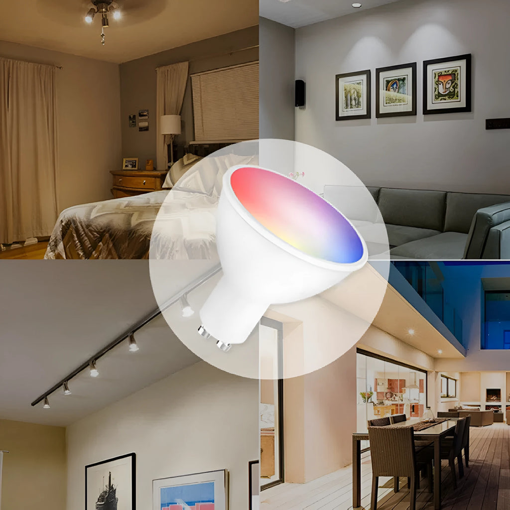 Smart GU10 LED spotlight bulb with RGBCCT lighting and Wi-Fi connectivity for voice control