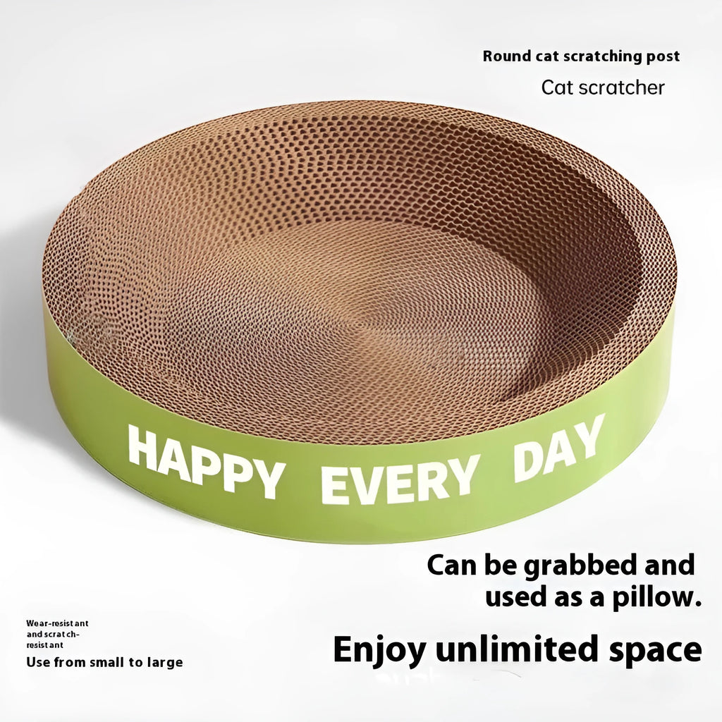 Green round scratching board cat nest showing simple design