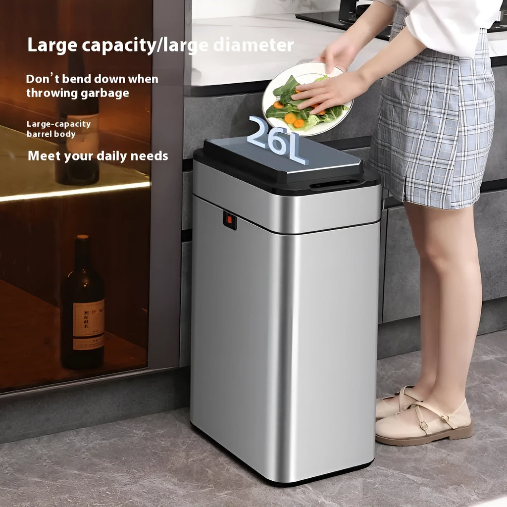 Square inductive sensor bin with automatic lid and deodorant system in stainless steel finish