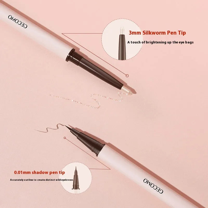 Liquid eyeliner pen with double headed silkworm brush tip in pearlescent colours