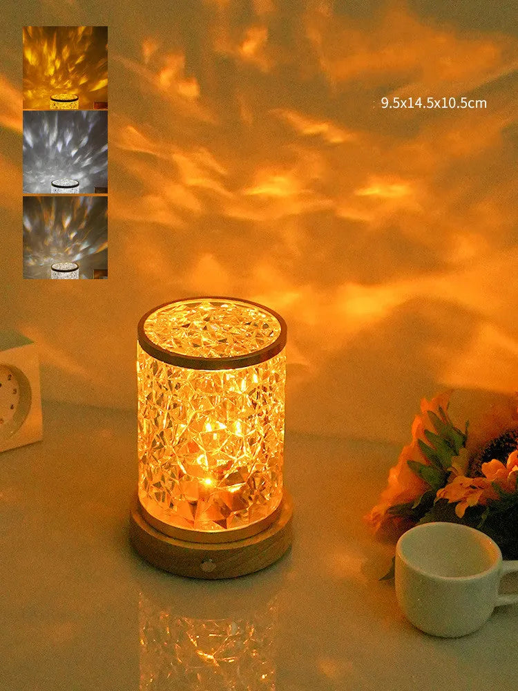 Rotating water ripple night light with solid wood base and USB charging cable