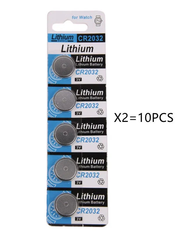 CR2032 3V lithium button battery showing front and side views with scale
