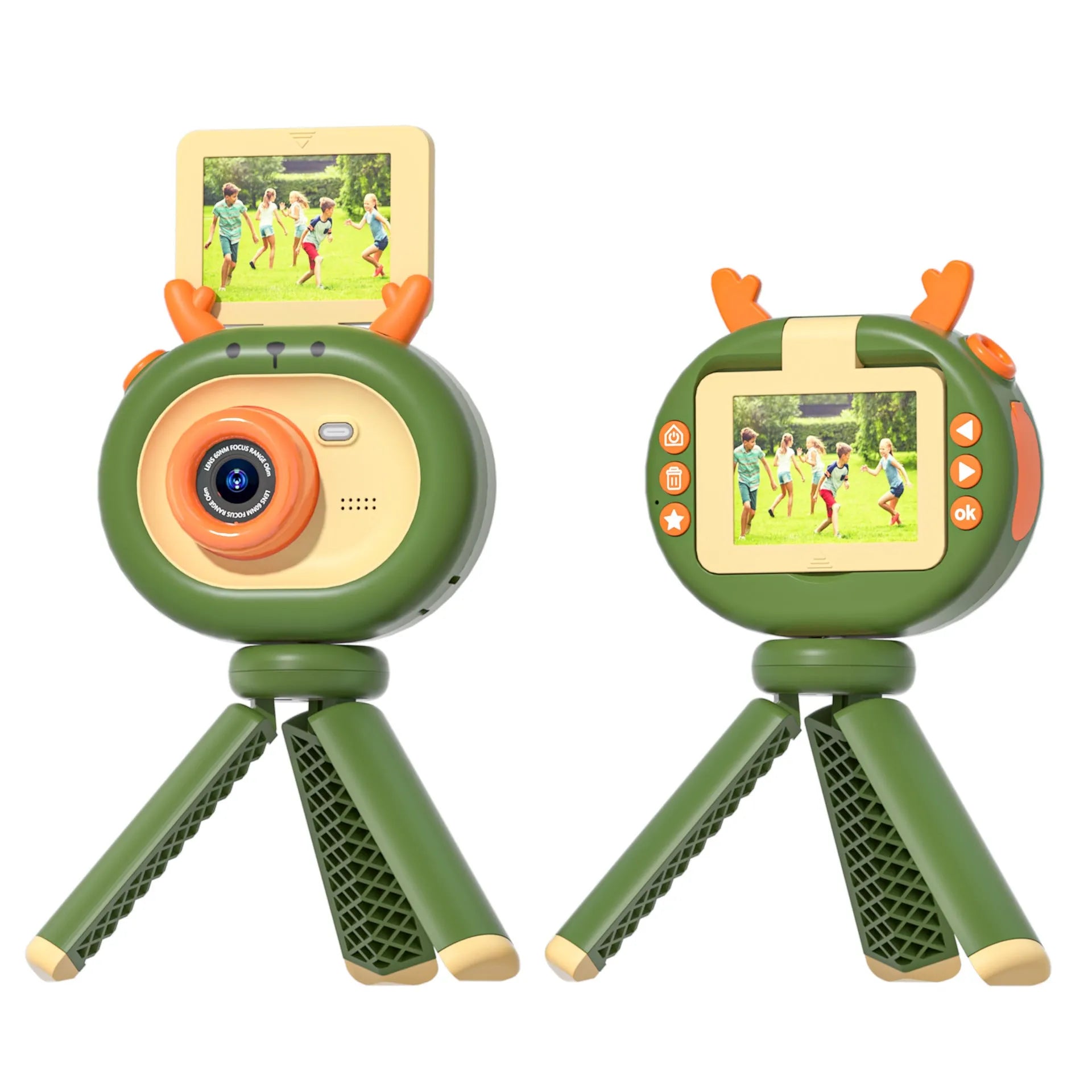 Purple children's digital camera with flip screen, silicone case lanyard, and USB cable on a cartoon map.