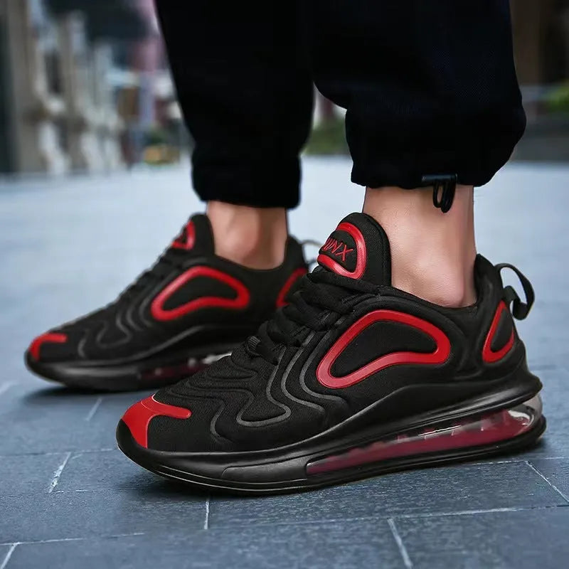 Men's black casual sneakers with lace-up front, thick sole, and round toe design