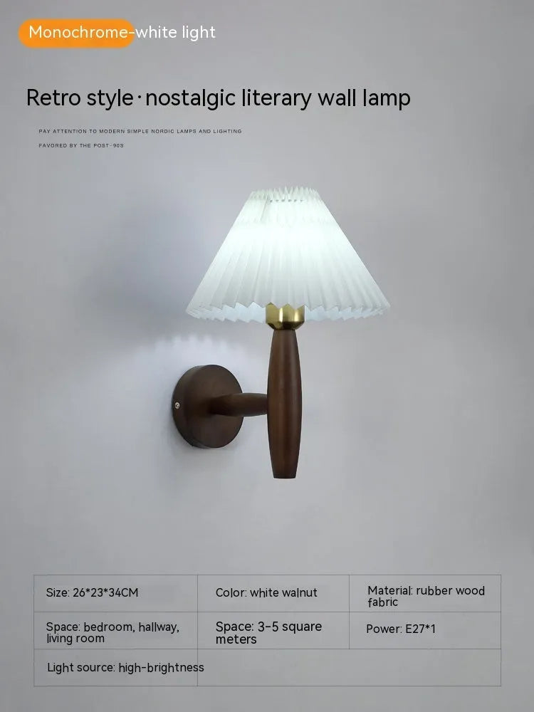 American retro walnut wood wall lamp with fabric shade in bedside setting