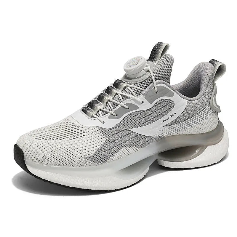 White rotating buckle low-top running shoes with breathable fly-knit mesh upper on a grey background.