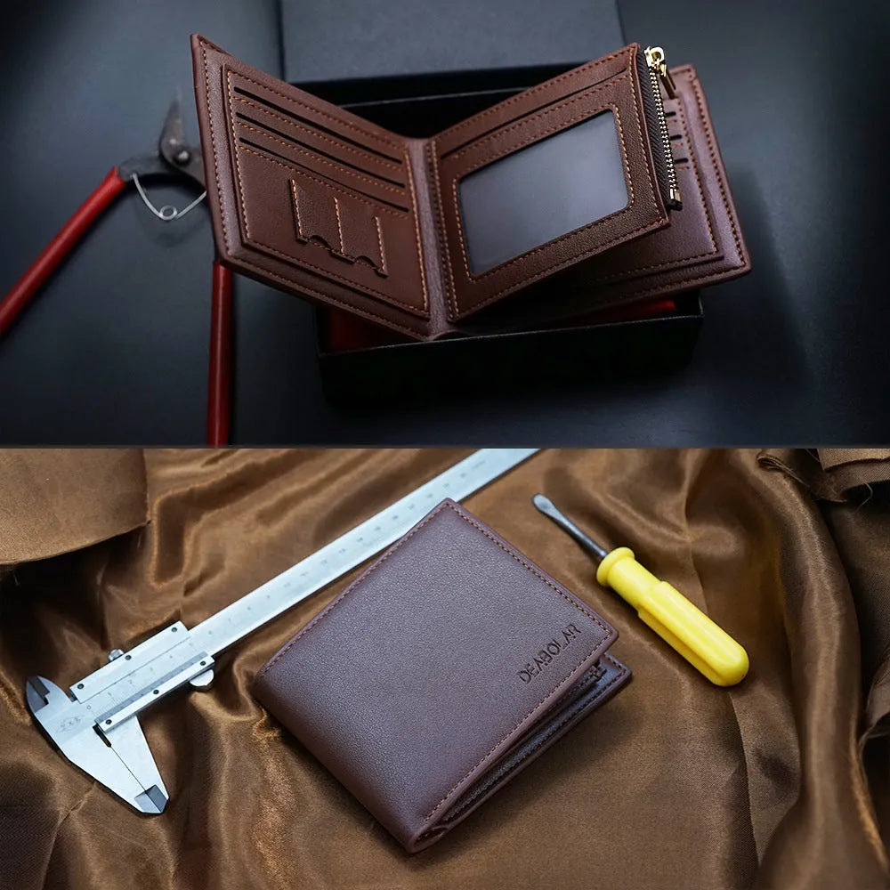 Men's brown leather wallet with a silver zipper closure laid flat.