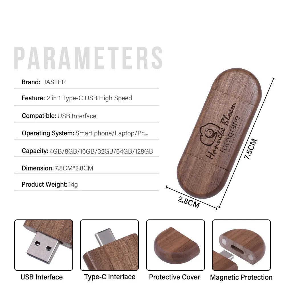 Carved wooden box-shaped USB flash drive with TYPE-C phone connector on display