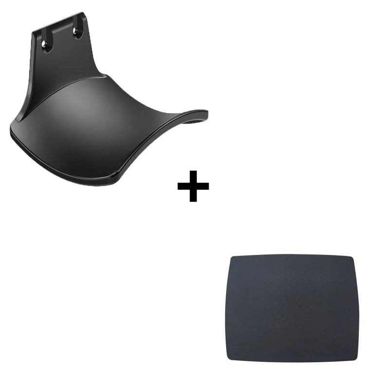 Black ABS plastic universal wall-mounted hanging rack holding a game controller and a gaming headset.