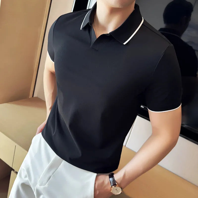 Men's solid colour short sleeve polo shirt in a cotton blend, shown in apricot colour.