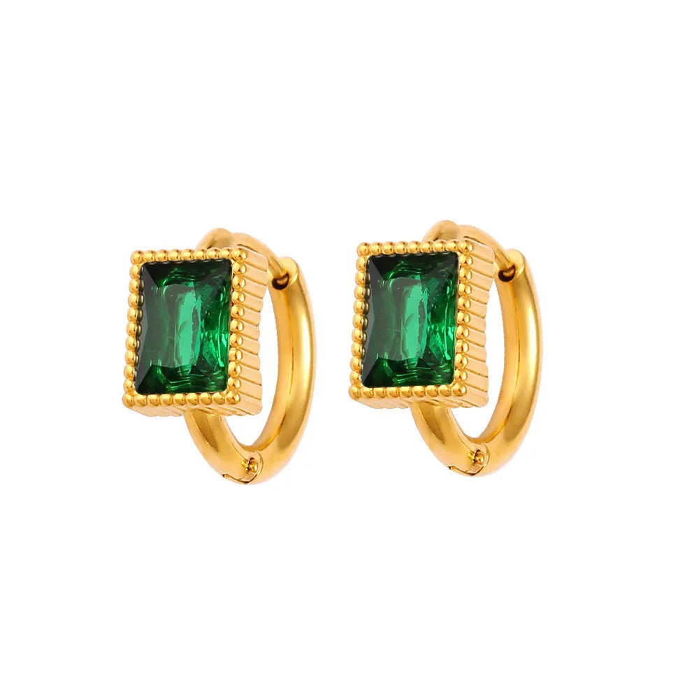 Geometric square stainless steel earrings with zircon detailing in electroplated white, black and green colours