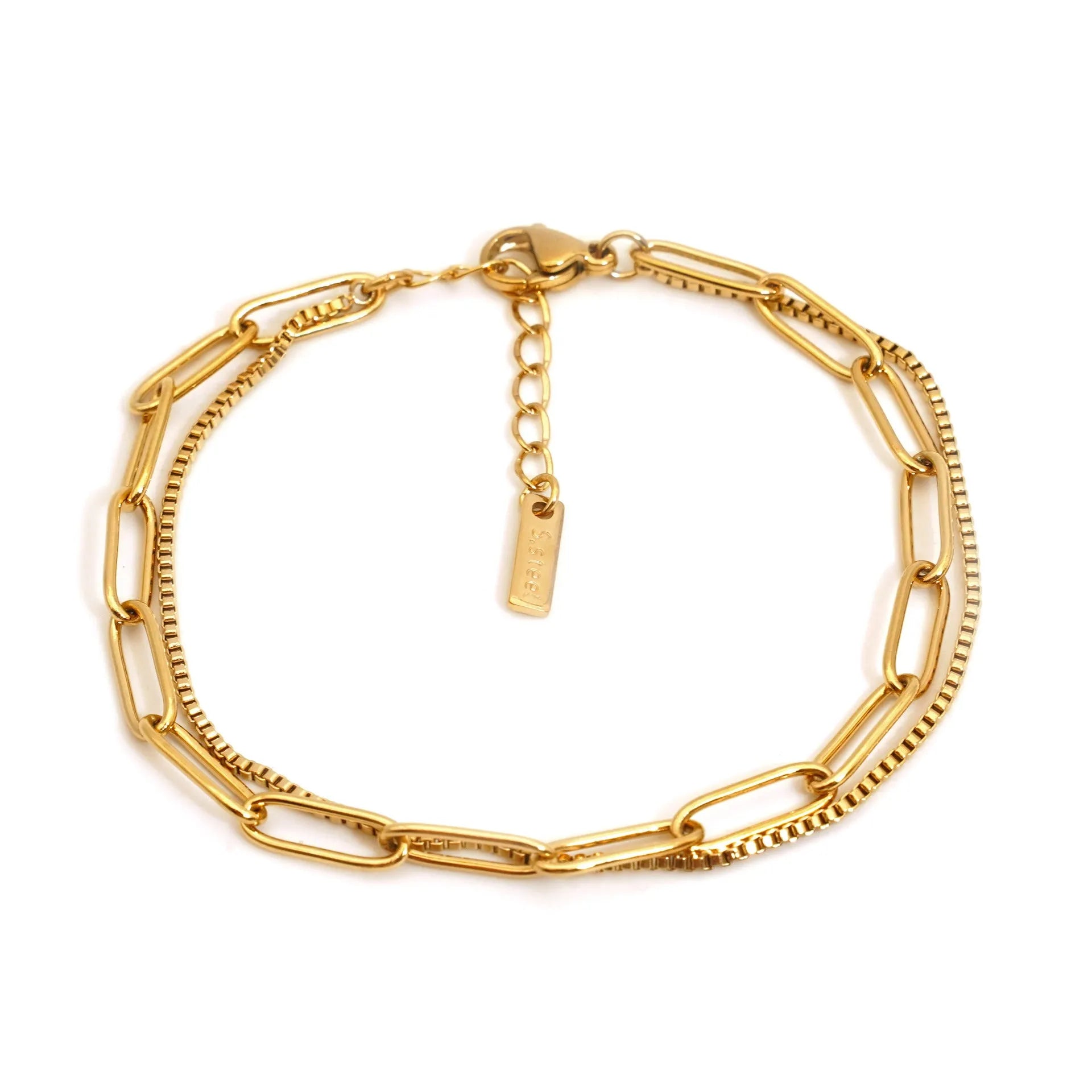 Double layer titanium steel bracelet with geometric shape and line pattern elements