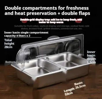Stainless steel commercial dining plate display box with a removable lid and multiple inner compartments.