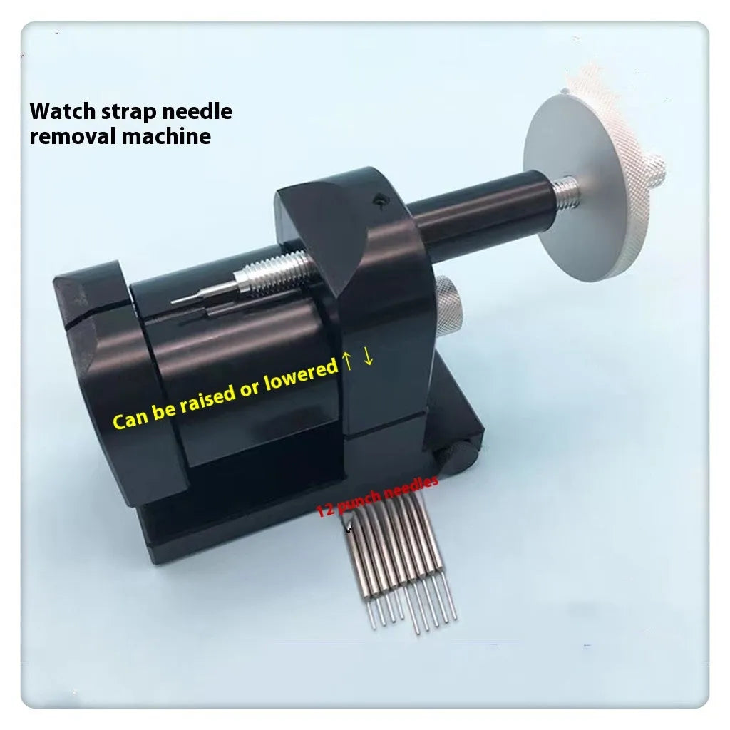 Alloy steel watch strap removal tool set with 12 components for professional watch repair.