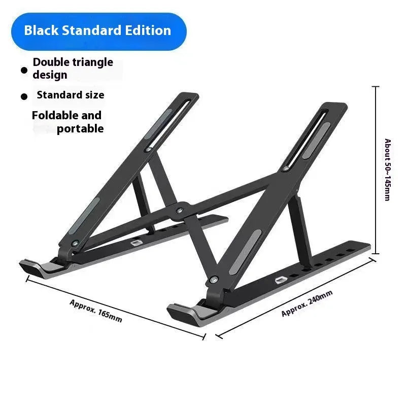 Silver aluminium laptop stand holding a notebook at an angle on a desk