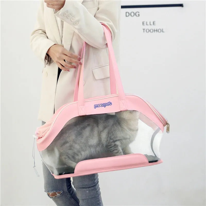 MOORPET leather cat carrier bag with handle, shown in a solid colour, for outdoor pet travel.