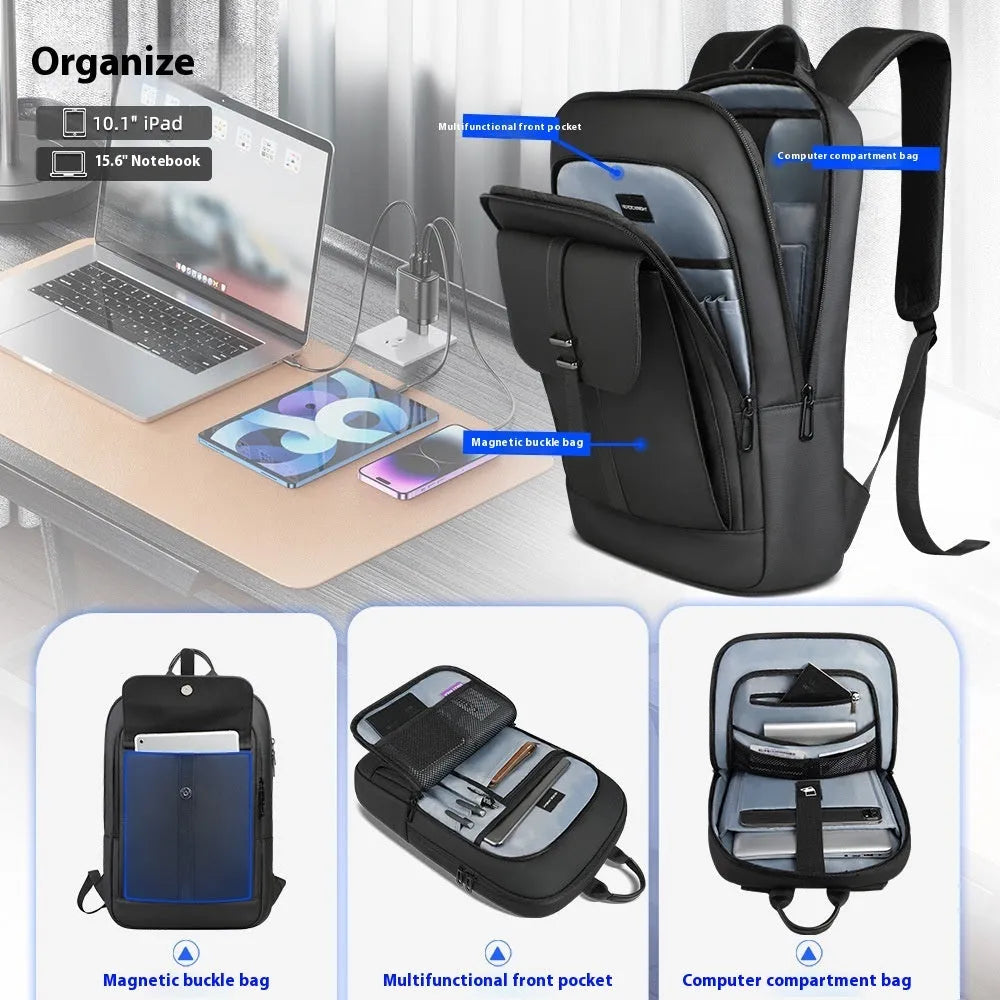 Black Oxford cloth lightweight backpack with sewing line detailing