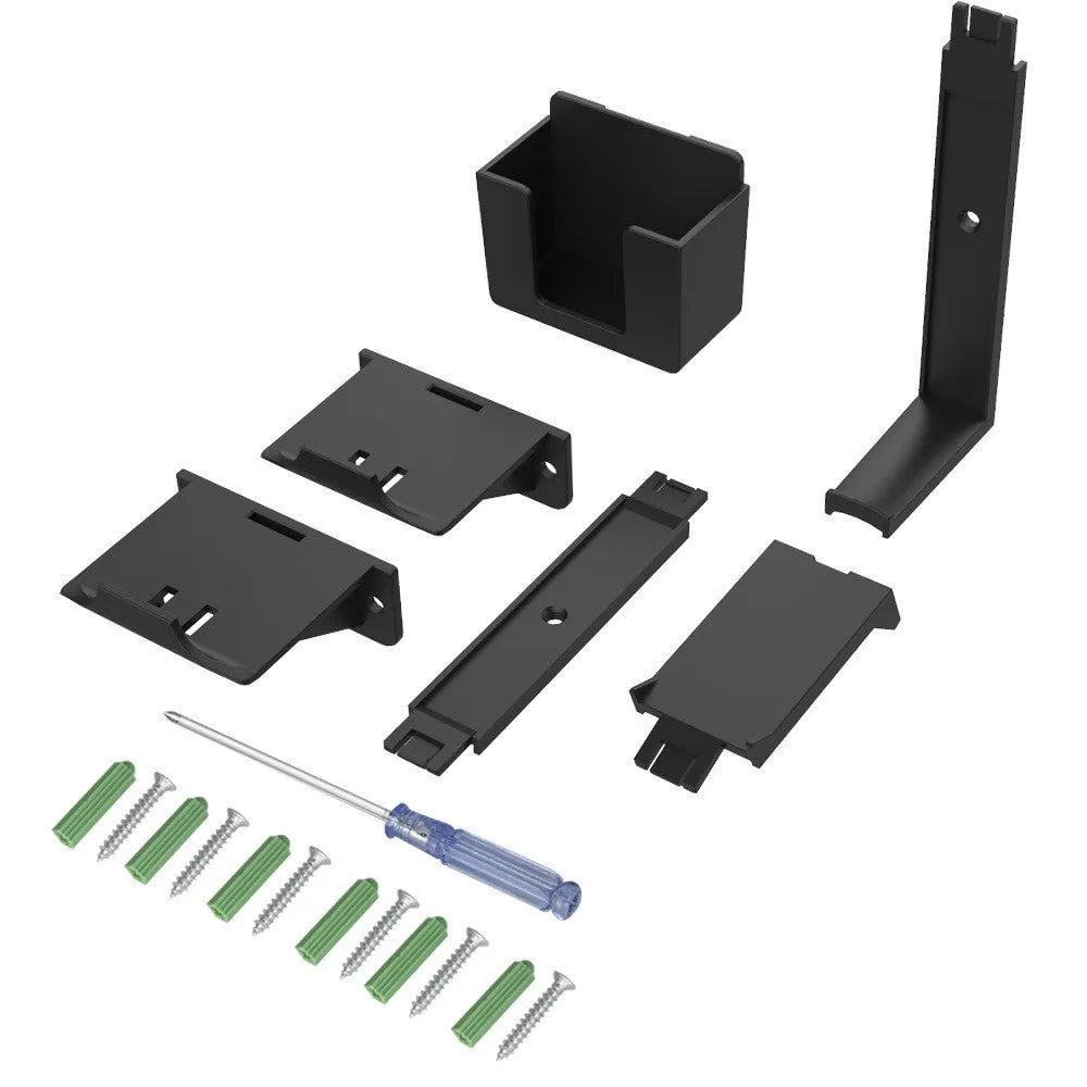 White self-adhesive wall hook holding a black gaming controller and headset.